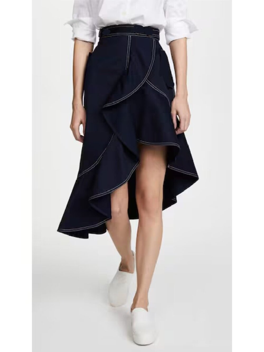 Navy Blue Canvas Asymmetric Flounced Hem Skirt